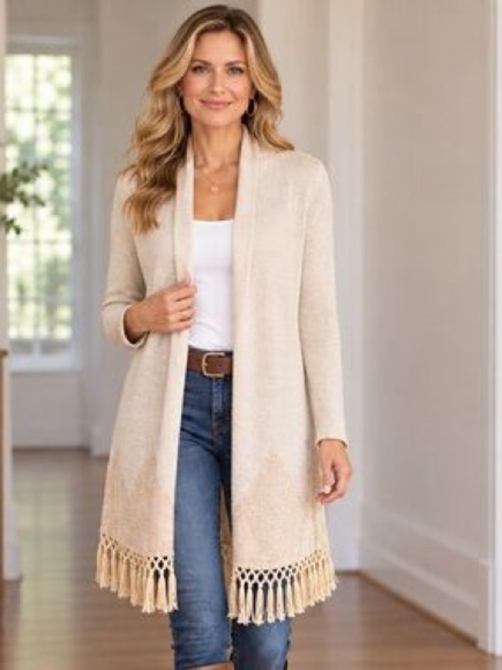 Lilly Pulitzer Tatum Cardigan Fringe Knit Cream & Gold Large